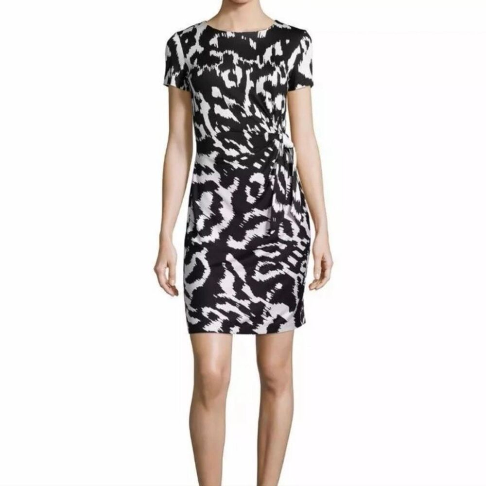 DVF Diane Von Furstenberg ZOE Side Tie Waist Jersey Dress Floral Ikat Black Sz 8